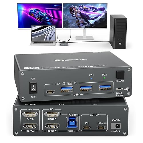 USB C KVM Switch 4K@60Hz, Reyoten 2 Monitors 2 Computers(1 PC & 1 Laptop) KVM, Share 2 Displays & 3 USB3.0 Devices with PD Power and Wired Remote