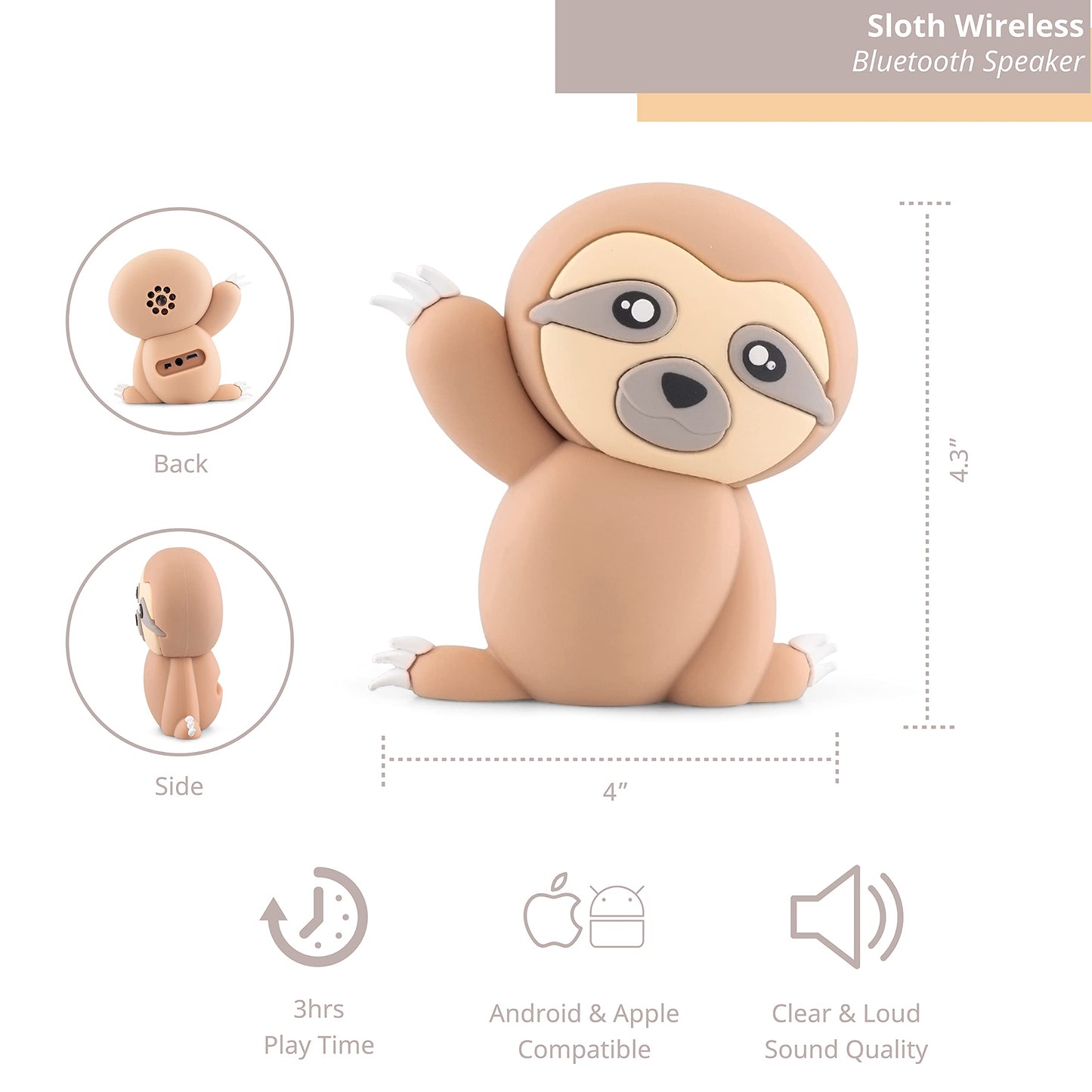 Funx Accessories Sloth Bluetooth Wireless Speaker, Animal Design for Kids of All Ages, Average 3 Hours of Playtime, 3W Output, Compatible with iPhone