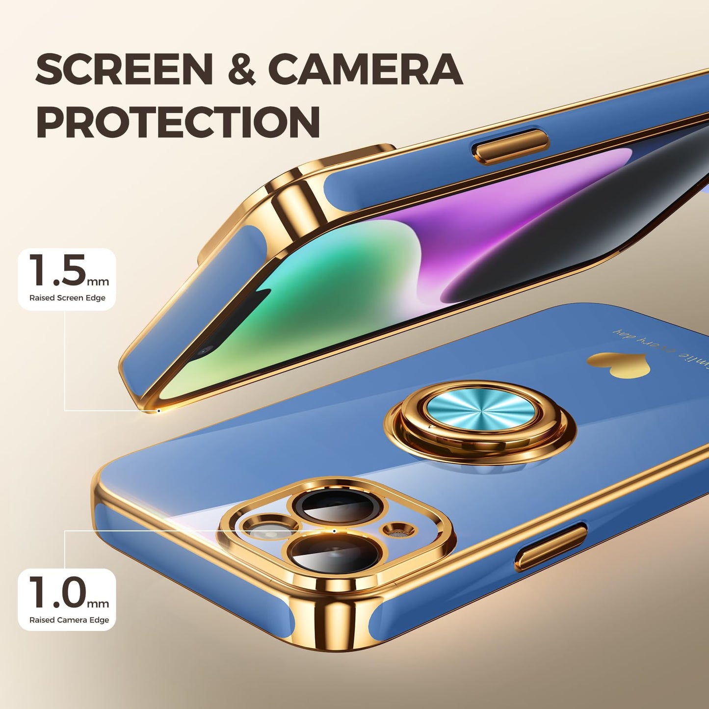 Nonional Compatible for iPhone 14 Case with 2 Pack Screen Protector, 360° Rotatable Ring Holder [Luxury Hearts Pattern] Plating Gold Edge Slim Soft