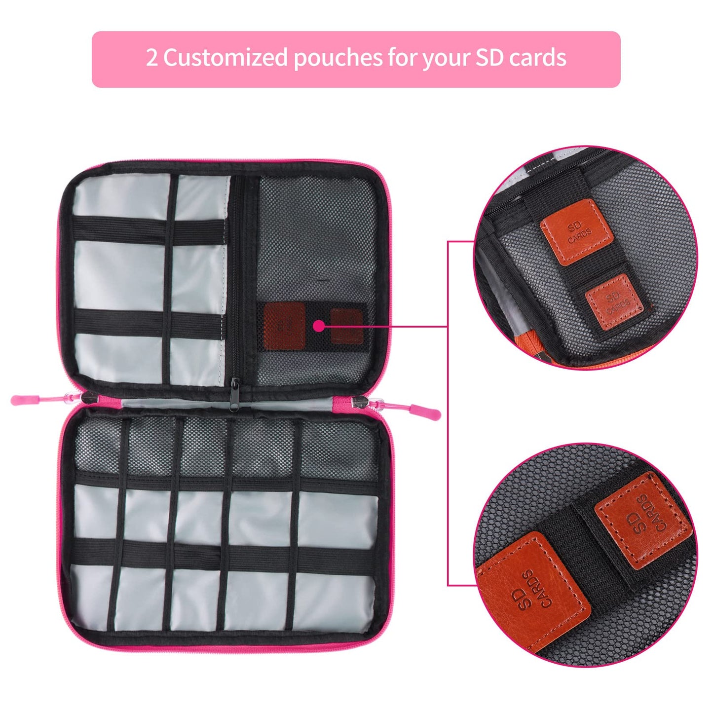 Rinvanic Cable Organizer Bag, Pink Travel Accessories Carry Cases Portable Cord Organizer Bag for Cable, Charger, Phone, USB, SD Card with 8pcs Cable