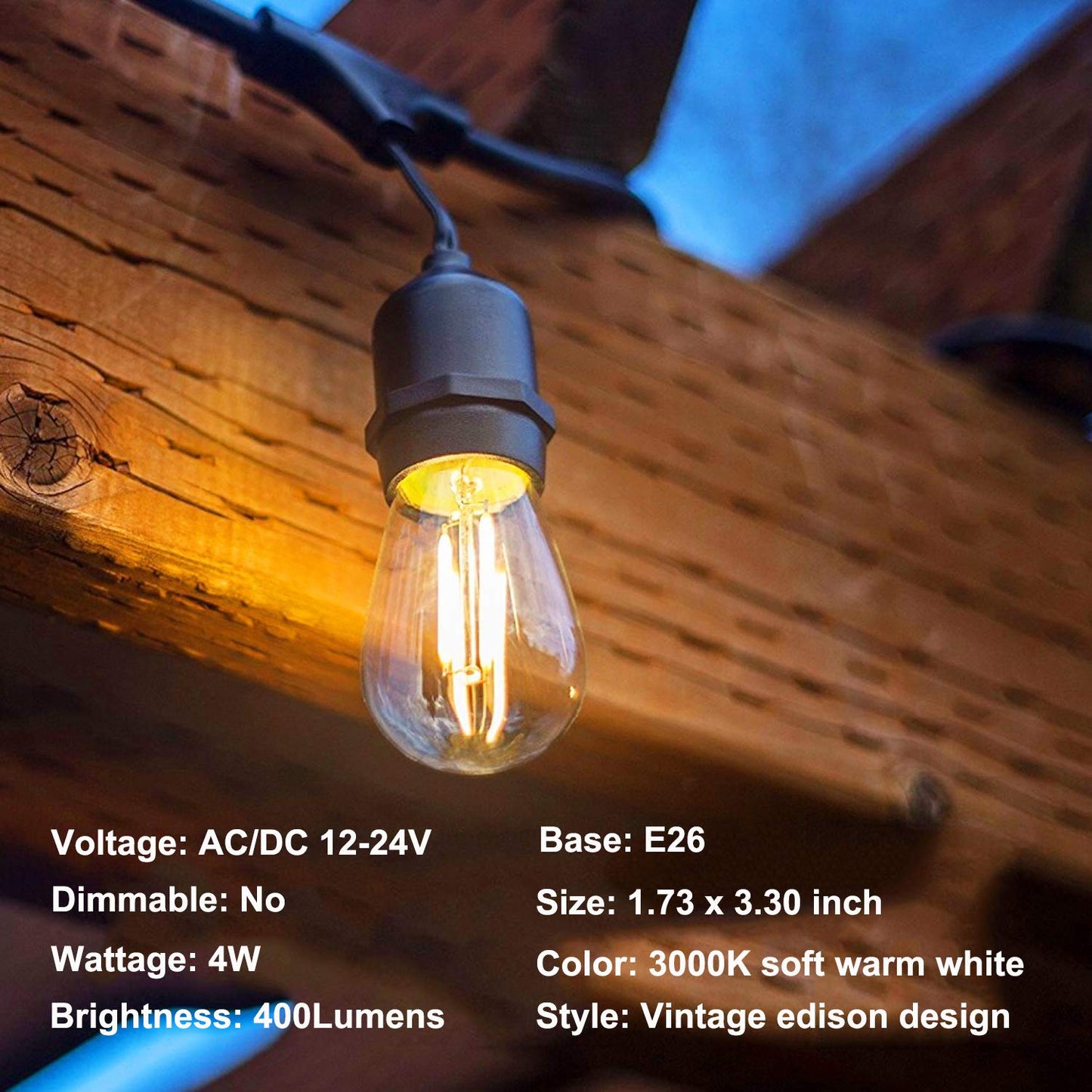 12volt LED Light Bulb 4W Edison Filament Vintage E26 Base 3000K Warm White
