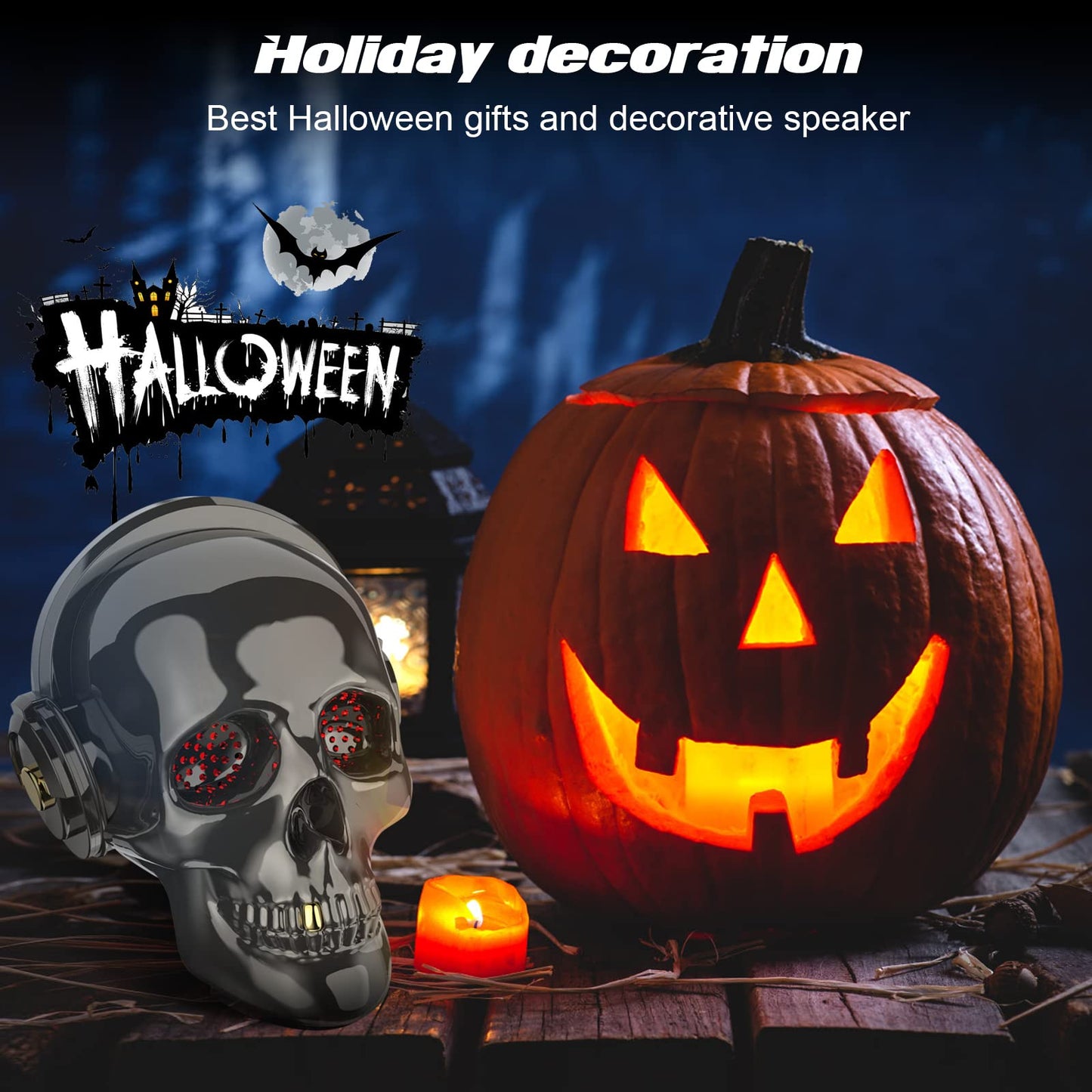 YSEECHENS Skull Bluetooth Speaker Novelty Skeleton Unique Wireless Portable Speakers with Eyes Lights Halloween Decoration (Gray)