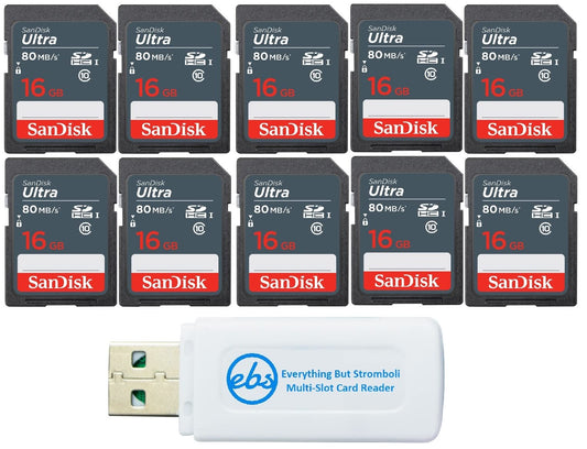 SanDisk 16 GB Class 10 SD HC Ultra Flash Memory Card (10 Pack) (SDSDUNS-016G-GN3IN) Class 10 UHS-I Bundle with (1) Everything But Stromboli MicroSDXC