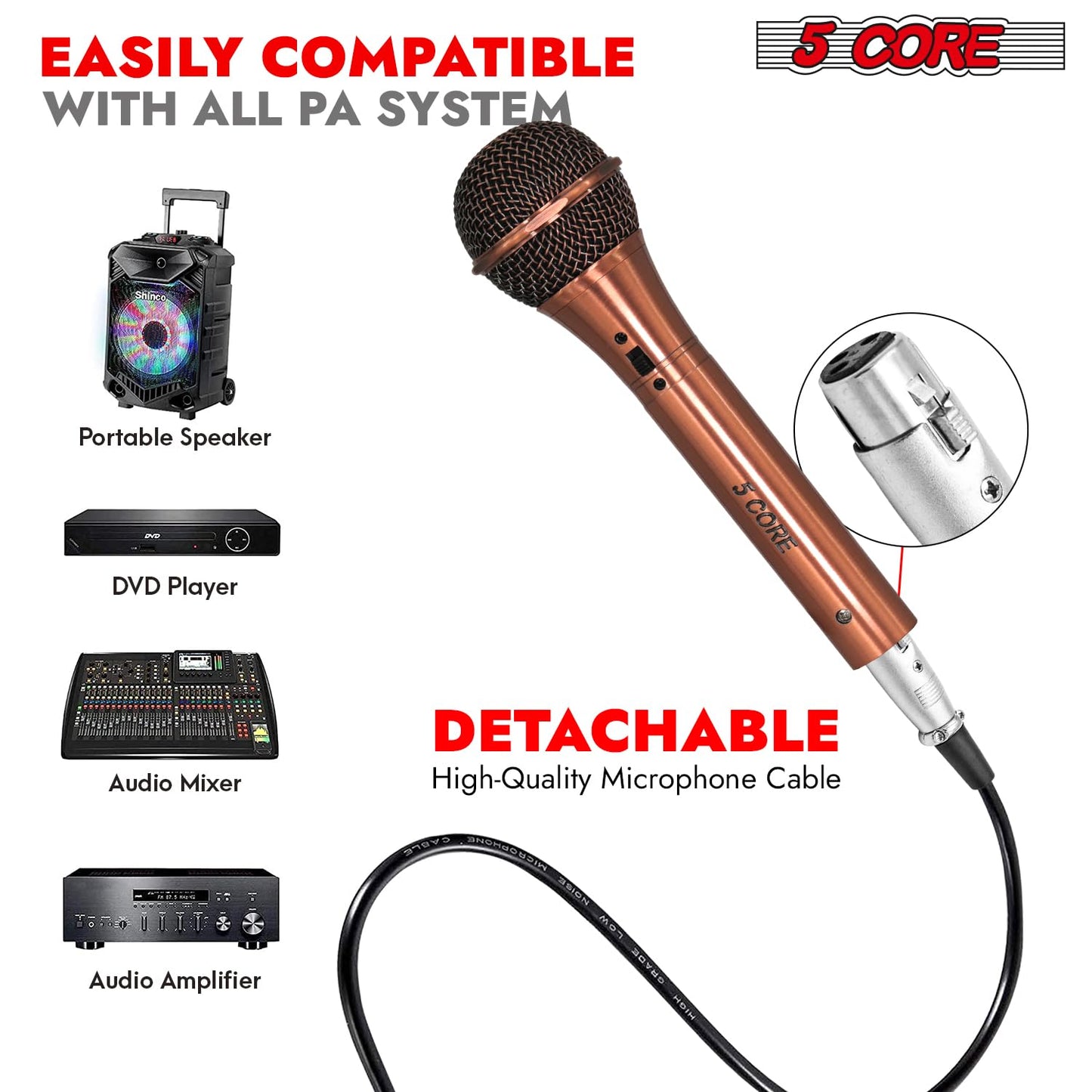 5 CORE Professional Dynamic Vocal Microphone Neodymium Cardioid Unidirectional Handheld Mic for Singing + Detachable Cable + Clip Bag ND959 Elantra