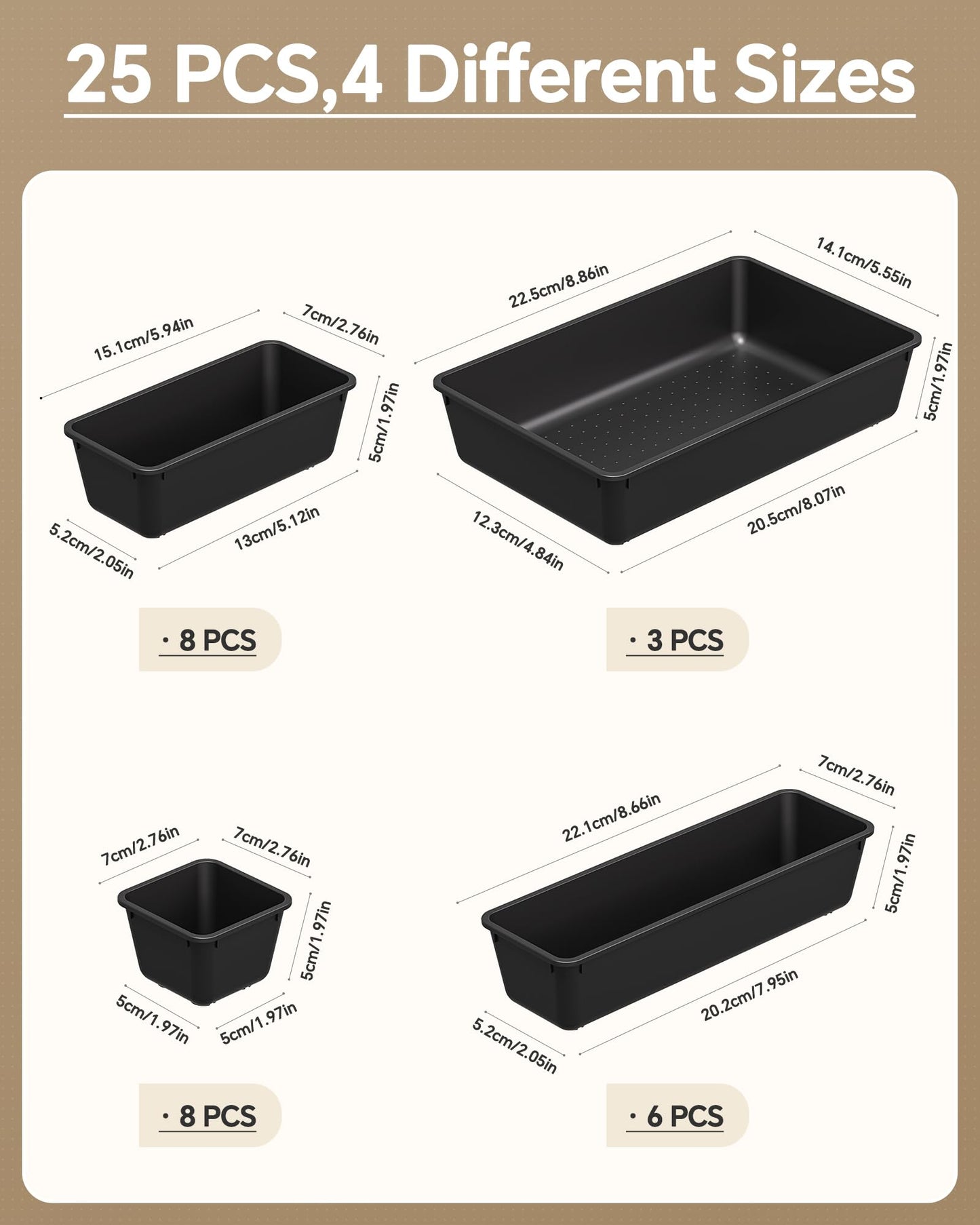 KEMETHY 25 PCS Plastic Drawer Organizers Set, 4 Sizes Vanity Organizer, Makeup and Desk Drawer Organizer Trays, Organization and Storage for Makeup