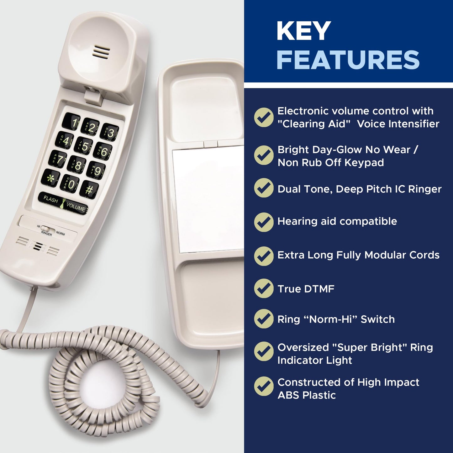 Med-Pat T1C Sleek Trimline Corded Telephone with Ring/In-Use Light Indicator - Wall-Mountable Analog Retro House Phone, Hearing Aid Compatible