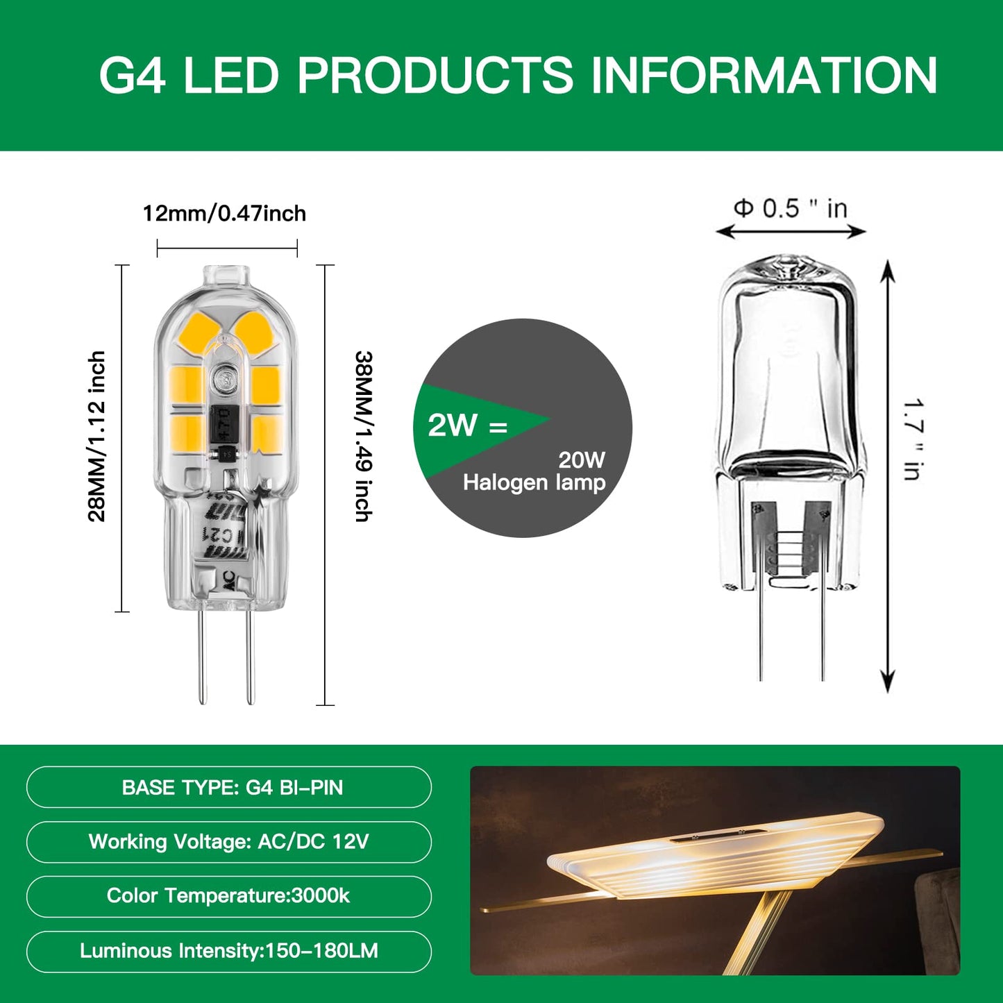 Sriomny G4 LED Bulbs 12V 2W [10-Pack] 3000K Warm White, 20W Halogen Replacement, 180LM - JC Bi-Pin Base for Bedroom, Chandelier, Cabinet Lights IP65