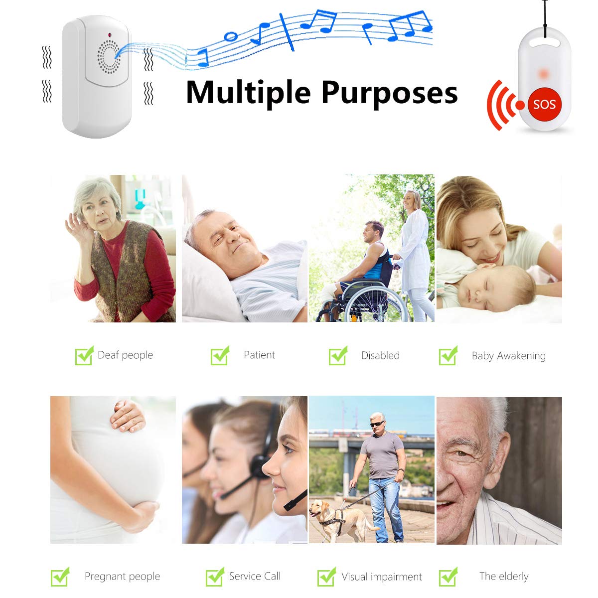 Caregiver Pager Wireless Call Button System Personal Alert Panic Button for Home Elderly Nurses Calling System with Portable Receiver and Emergency