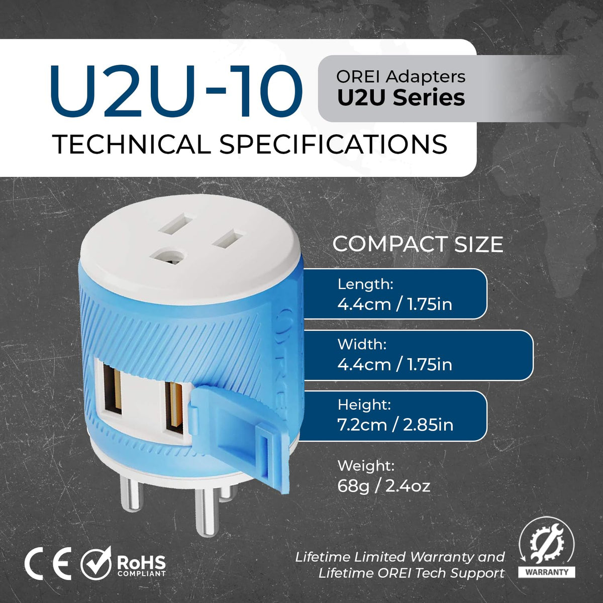 OREI Type D Travel Adapter with 2 USB Ports - 3-in-1 India Plug Adapter