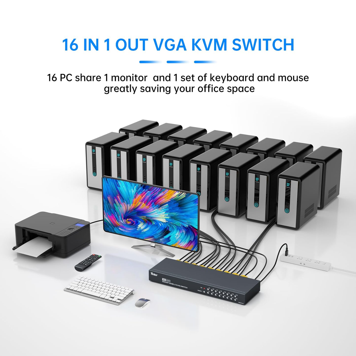 Yinker 16 Port KVM Switch VGA, Rack Mount KVM Console VGA 16x1 w/16-Pack KVM Cables IR Remote & Rack Mount Ears Support HD 1U 19'' Rack Cabinet
