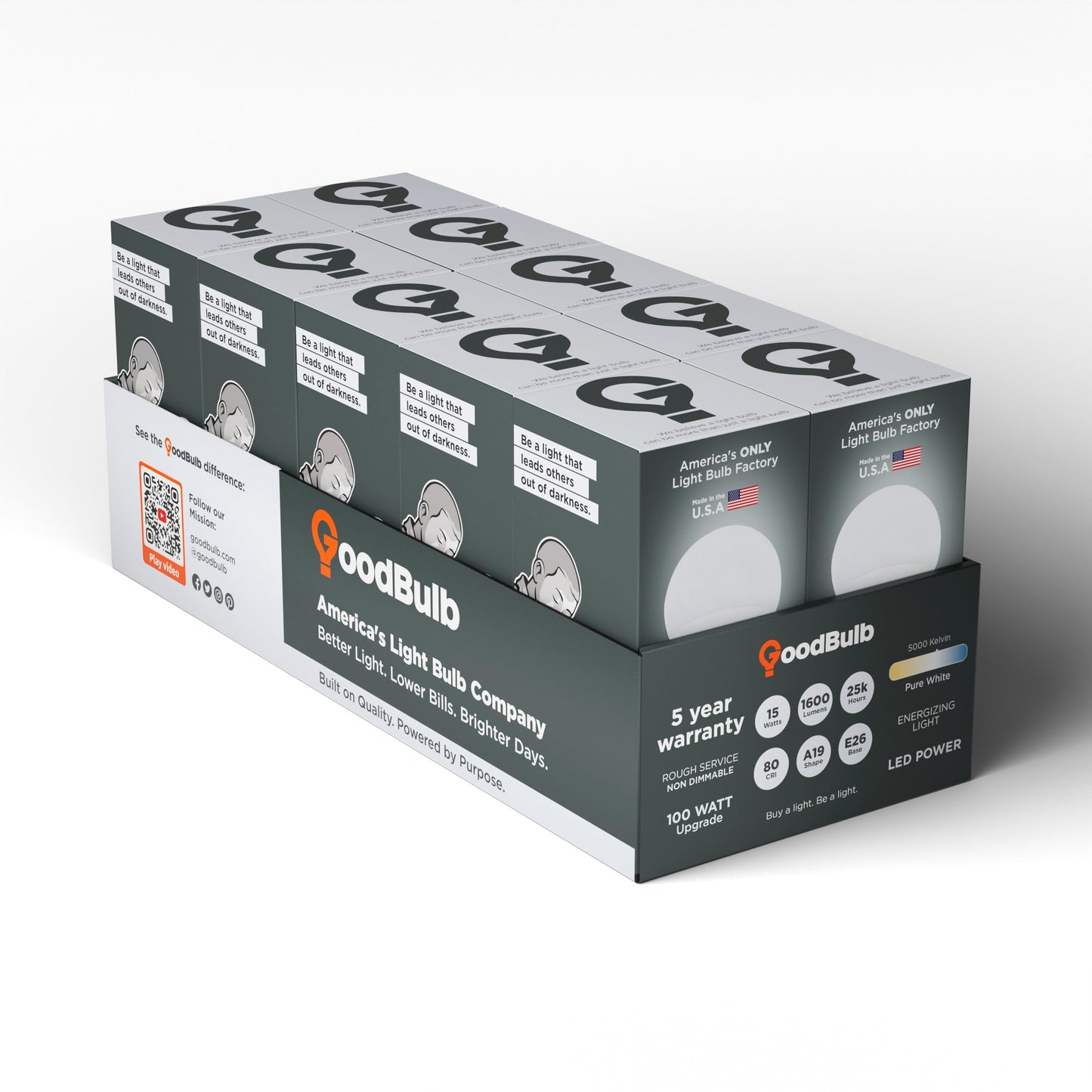 GoodBulb Made in USA A19 LED Light Bulbs, 100W Equivalent, 15W Non-dimmable, 5000K Daylight, 1600 Lumens, E26 Base, 25,000 Hour Long Lasting, 10 Pack