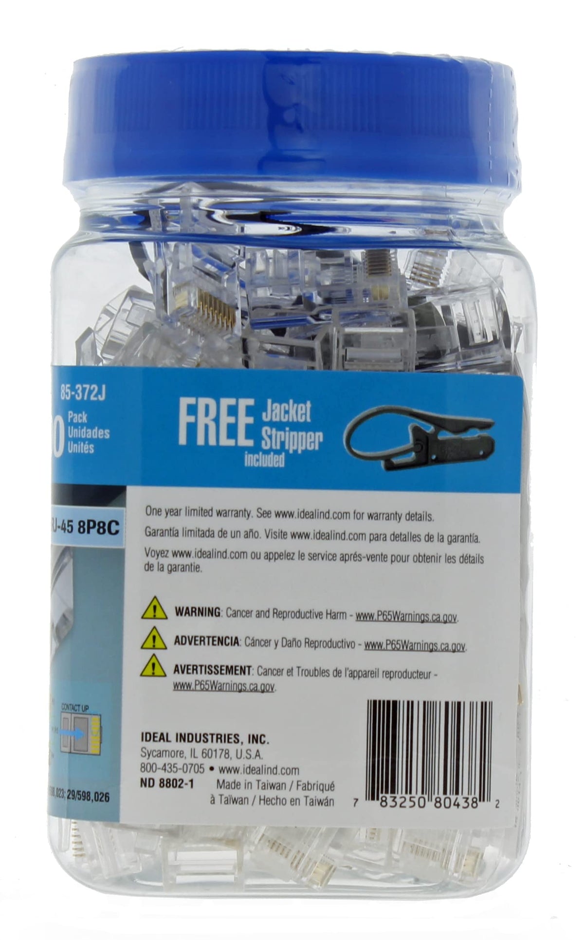 Ideal Industries INC. 85-372J 8P8C Single Piece Modular Plug, Feed-Thru Design RJ-45 Connector for CAT5e, Twisted Pair 100 MHz Cables, (100