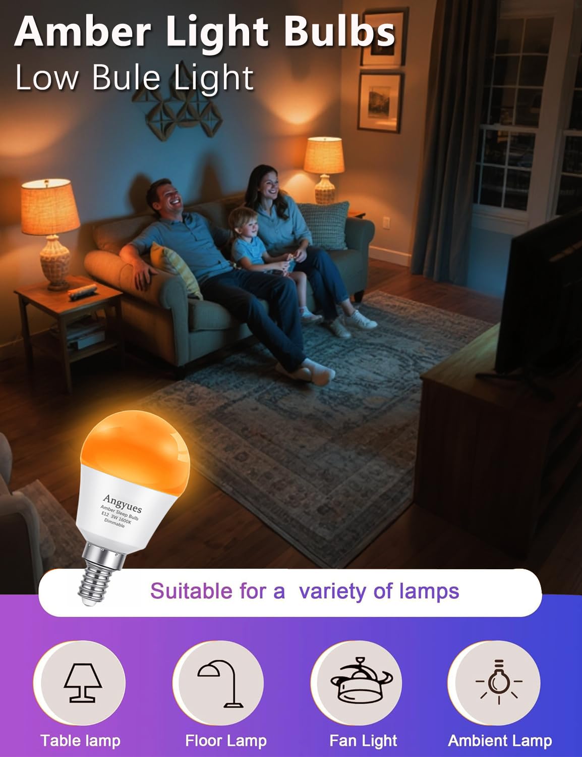 Angyues E12 Small Candelabra Base Amber Sleep Light Bulb Dimmable?1600K Blue Light Blocking, A15 Warm Night Light Bulbs 25W 40W Equivalent, 3W 300LM