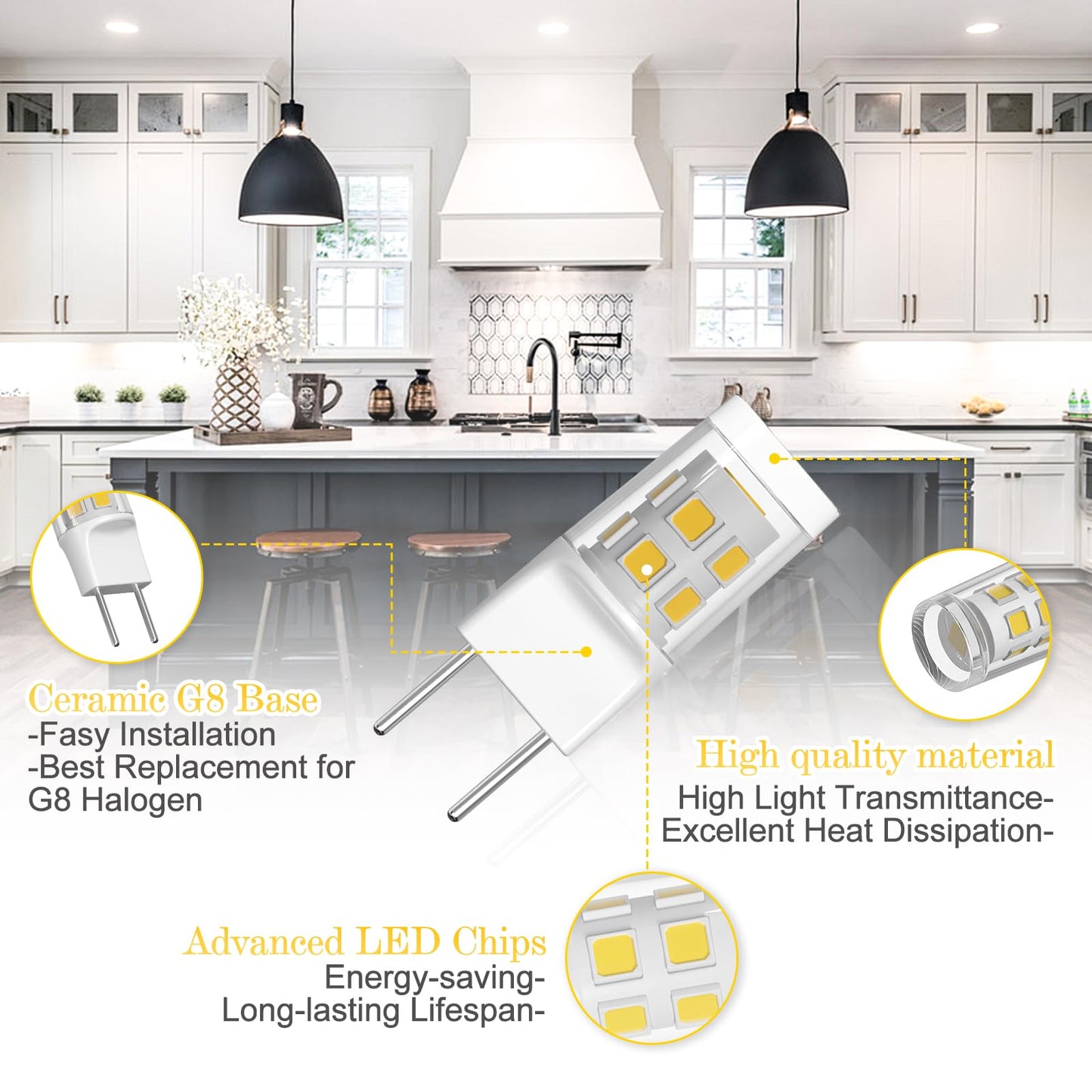 SSQY G8 LED Light Bulb, GY8.6 Bi-pin Base, 3W 120V 20W 35W Halogen Replacement Bulb for Under Counter Kitchen Lighting, Under-Cabinet Light, Puck