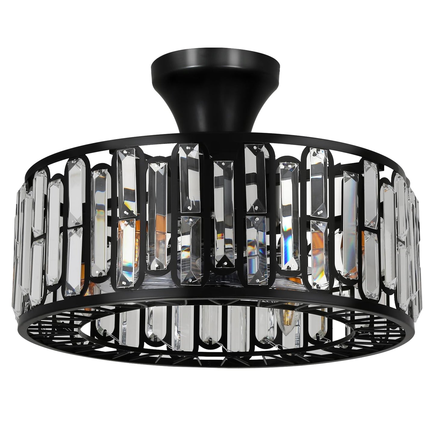BaoBrot 18" Crystal Caged Ceiling Fan with Lights Remote Control, 3-Speed Industrial Bladeless Fandelier, Flush Mount Black Metal Fandelier Fan Light