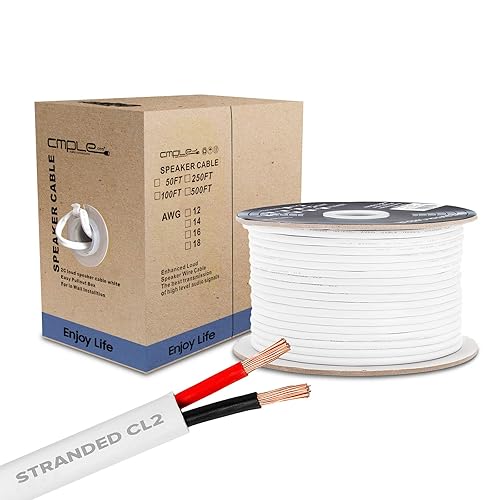 Cmple - 50FT 12AWG Speaker Wire Cable with 2 Conductor Speaker Cable (CCA) Copper Clad Aluminum CL2 Rated In-Wall Speaker Wire for Home Theater & Car