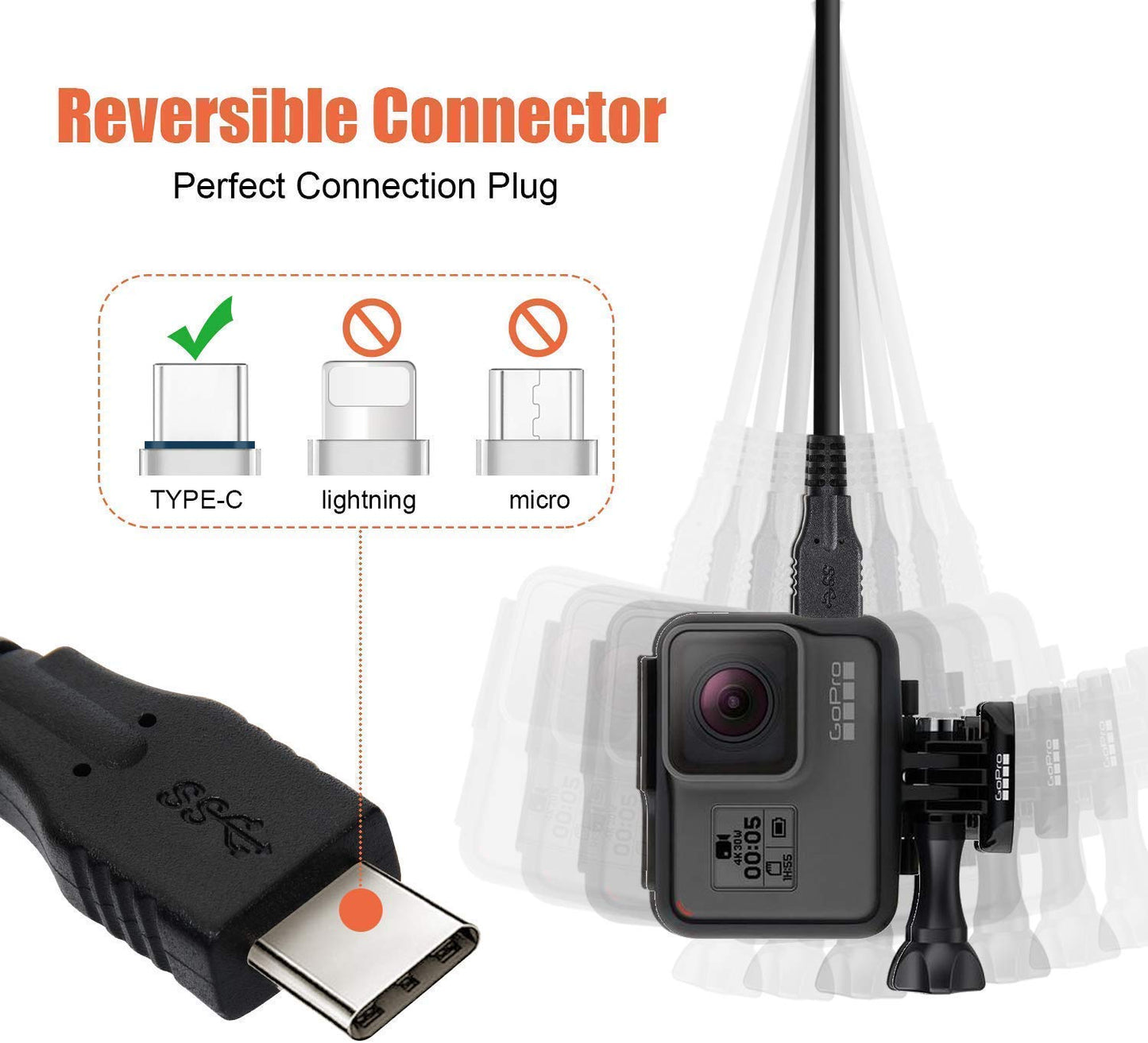 JNSupplier High Speed Fast Charging USB Data Sync Power Charger Cable Cord for GoPro Hero 5 6 7 Hero5 Black HD Camera Accessories