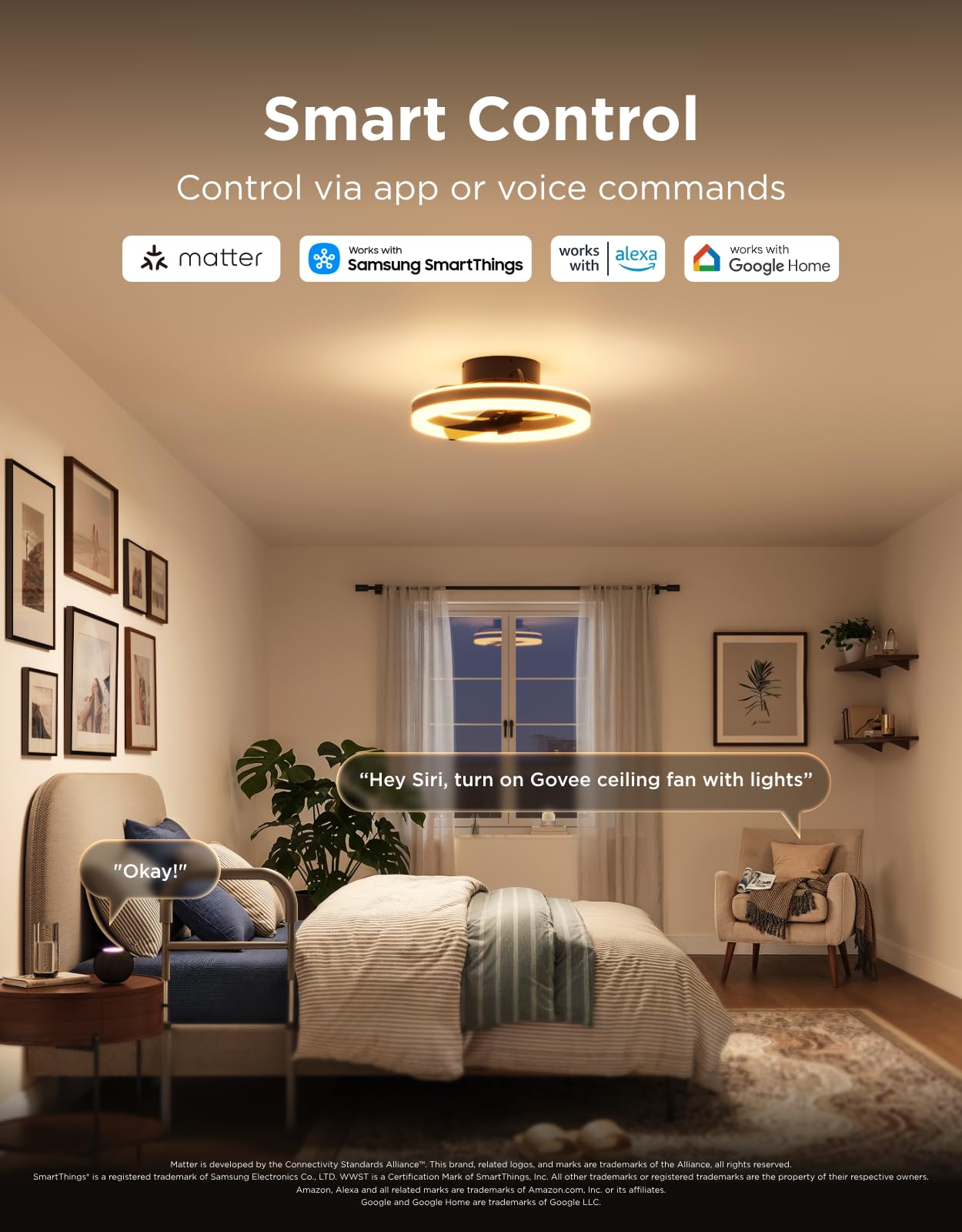 Govee Ceiling Fan with Lights, 20'' RGBIC Oscillating Flush Mount Fans