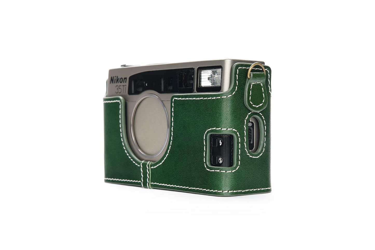 35Ti 28Ti Case, BolinUS Handmade Genuine Real Leather Half Camera Case Bag Cover for Nikon 35Ti 28Ti Camera with Hand Strap (Green)