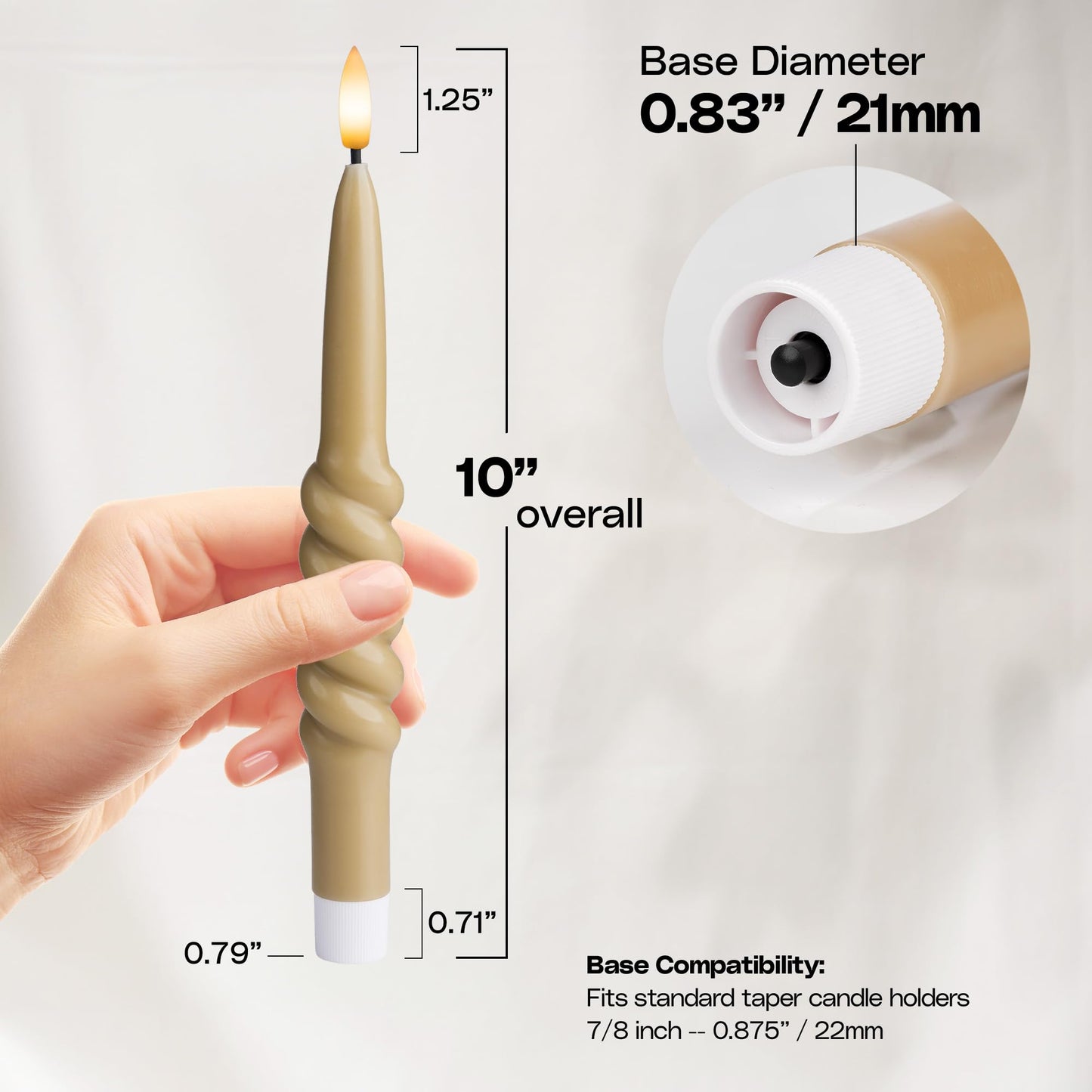 WYZworks 10" Smooth Taper with Twist LED Taper Candles - Light Tan, Set of 6 - Remote, 2/4/6/8-Hr Timer (24-hr Memory), Bottom On/Off Button