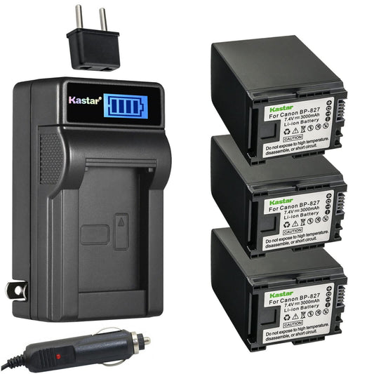Kastar 3-Pack BP-827 Battery and LCD AC Charger Compatible with Canon VIXIA HF M306 HFM306, VIXIA HF M40 HFM40, VIXIA HF M41 HFM41, VIXIA HF M46