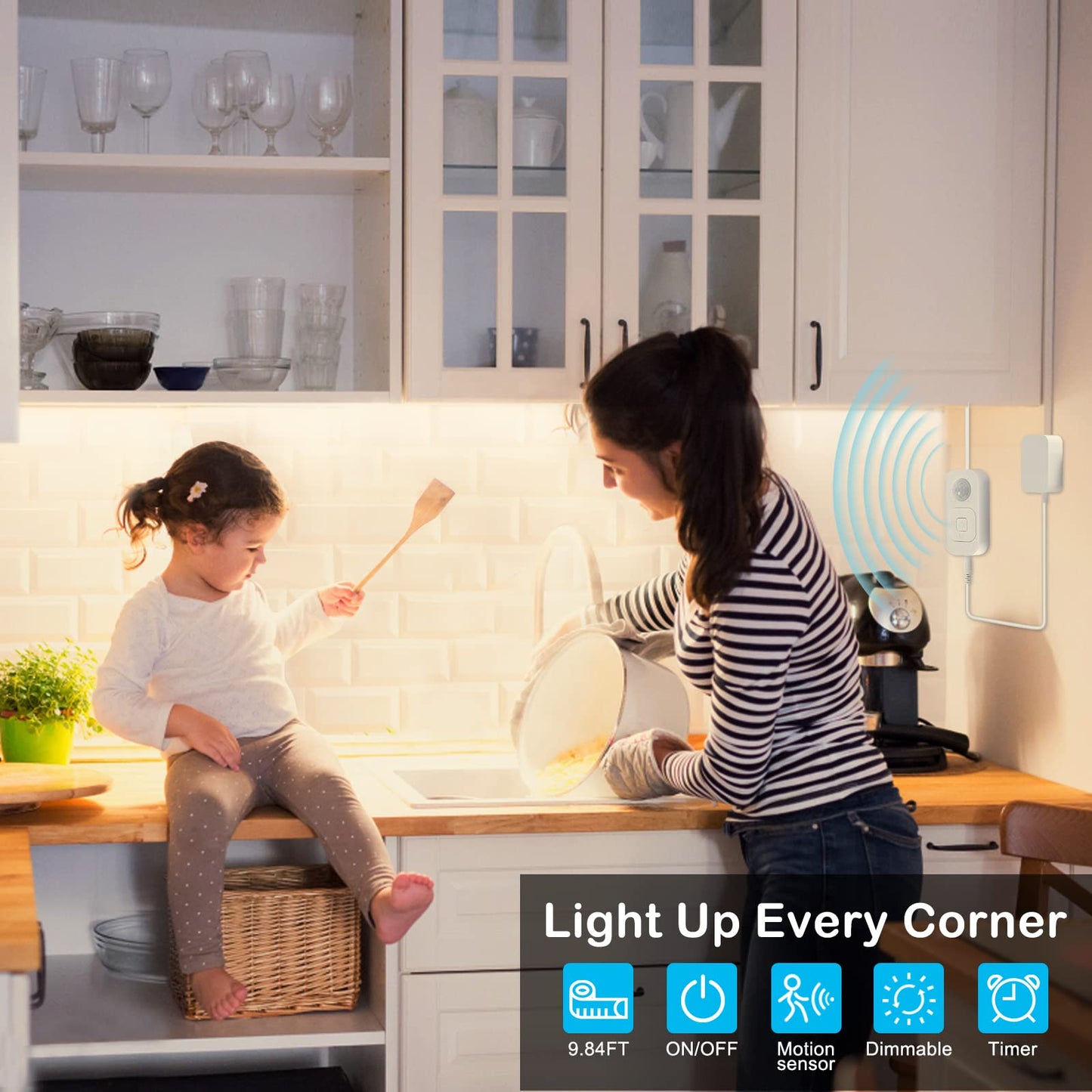 Motion Sensor Under Cabinet Lights - Plug-in LED Strip Lights Indoor with Power Adapter, Dimmer and Timer for Kitchen Cabinet, Counter, Shelf