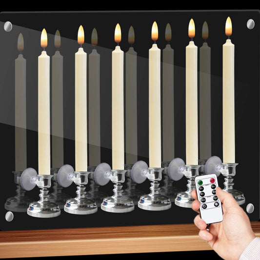 GenSwin Window Flameless Taper Candles with Remote & Timer, Battery Operated LED Candle Flickering Warm 3D Wick Light with Suction Cups, Set of 6 Real