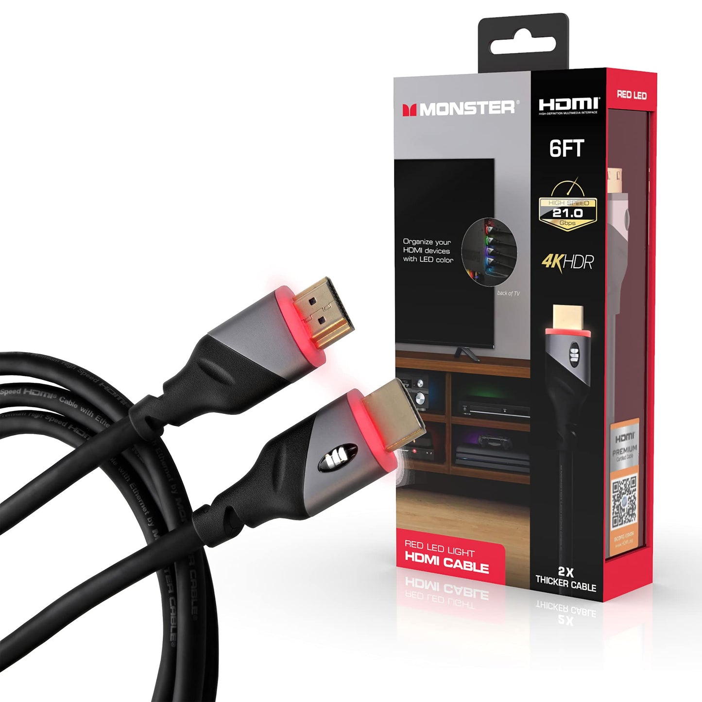Monster 6ft High Speed 4K Hdr Hdmi Cable with Built-in Red Led Light, Gaming, Video, and Computer