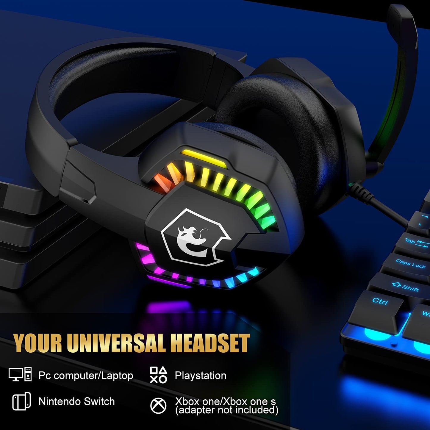 Wired Gaming Keyboard and Mouse Headset Combo,Rainbow LED Backlit Wired Keyboard,Over Ear Headphone with Mic,Rainbow Backlit Gaming Mice,Mouse Pad,for