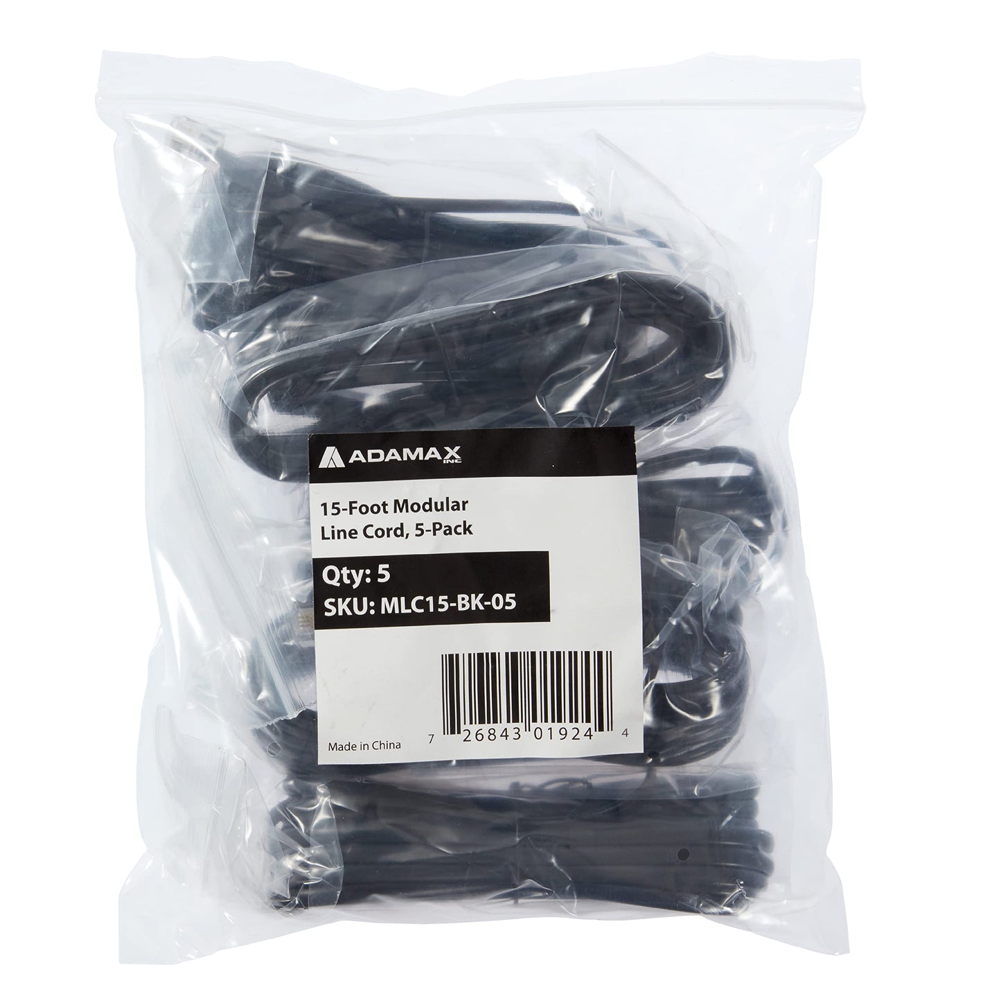 Newhouse Hardware 15 ft Telephone Extension Cord, with RJ11 (6P4C) Connectors, Works with Telephones, Fax Machines, Modems, 5-Pack, Black