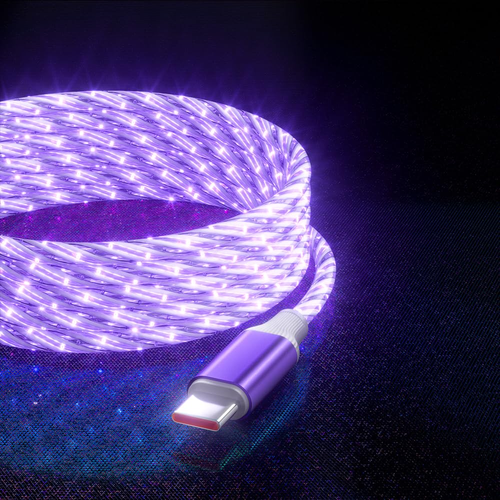 IHAO USB A to C Charger Cable PD Fast Charge and High Speed Sync Visible Starry LED Current Flowing Compatible with All USBC Device-Starry Purple A