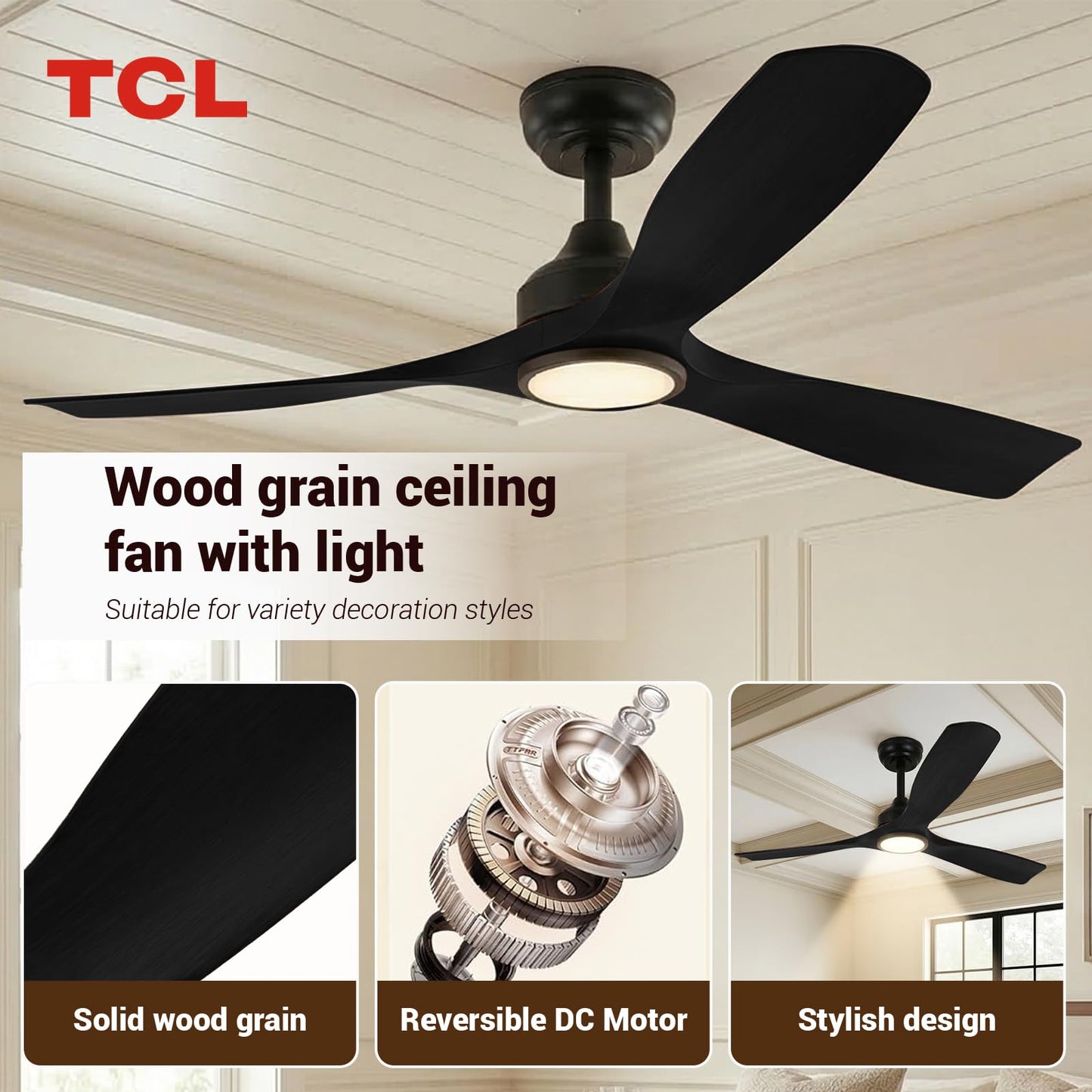 TCL 52" Black Waterproof Outdoor Ceiling Fan with Light & Remote