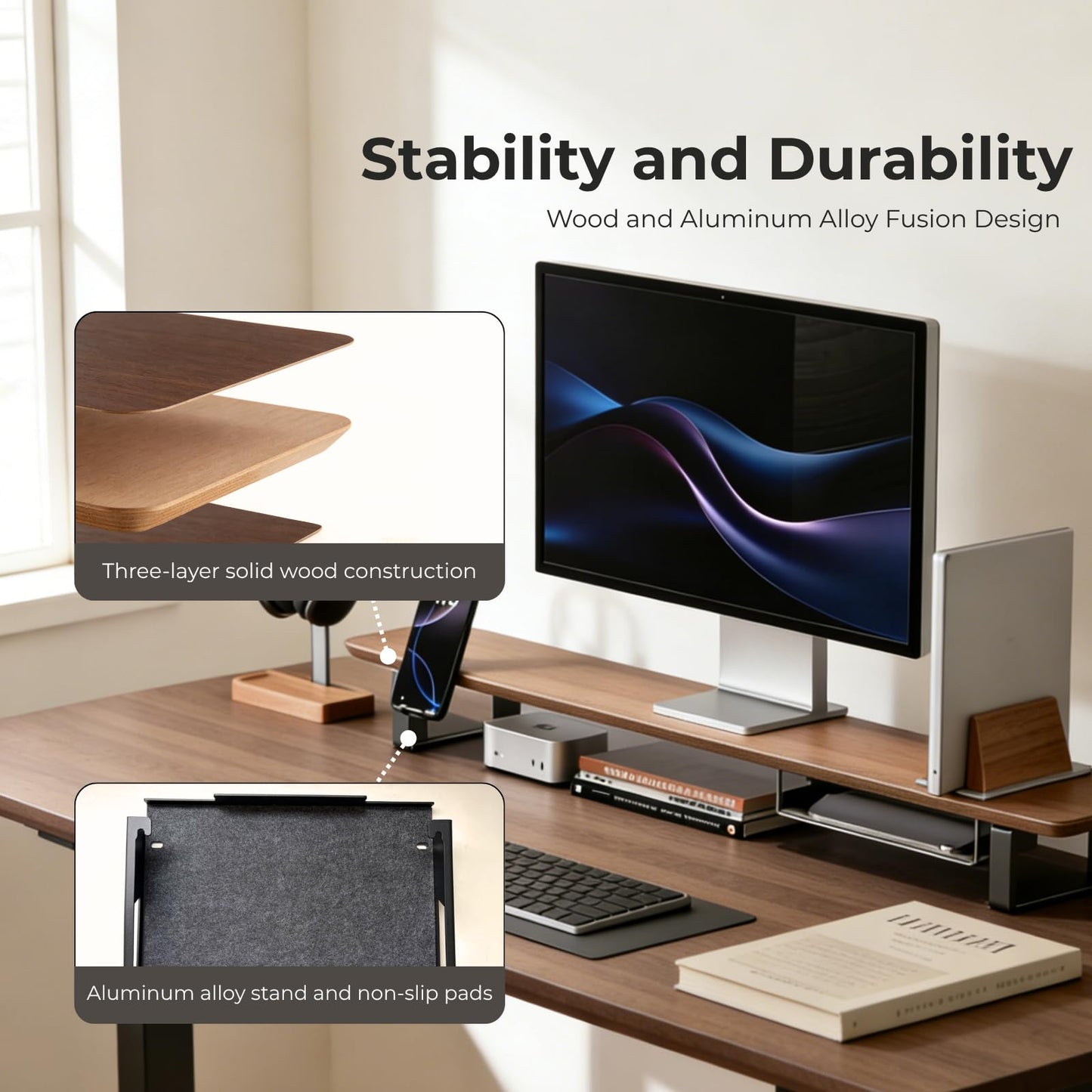 muso wood Dual Monitor Stand with Storage Shelf, 45 Inch Wooden Monitor Riser for 2 Monitors, Walnut Desk Shelf for Computer, Laptop, Screen, TV