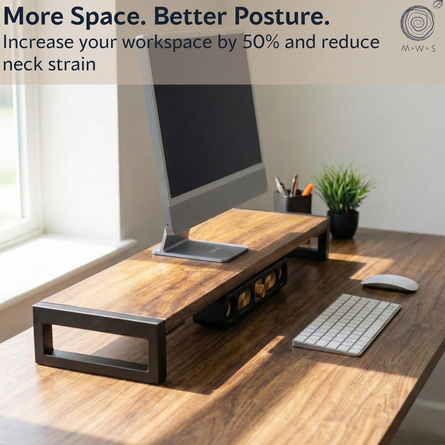 Dual Monitor Stand Riser for Desk - 40” Wide Walnut Solid Wood Desk Riser with Metal U-Legs, Scratch-Resistant, Hassle-Free Assembly