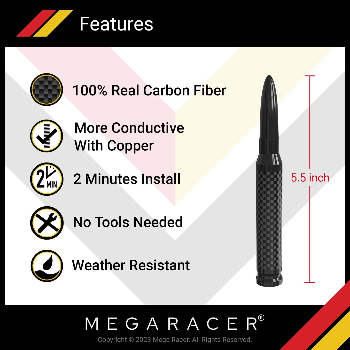 Mega Racer 50 Cal Bullet Antenna - Black Carbon Fiber 5.5 Inch AM/FM Compatible Universal Fit for Truck, Solid Aluminum with Anti-Theft Design and Car
