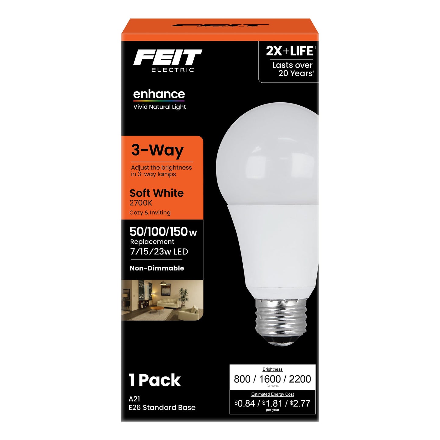 Feit Electric A21 LED Light Bulb, 3-Way Adjustable Wattage 50/100/150 Equivalent, E26 Base, Non Dimmable, 2200 Lumen, 2700K Soft White, General