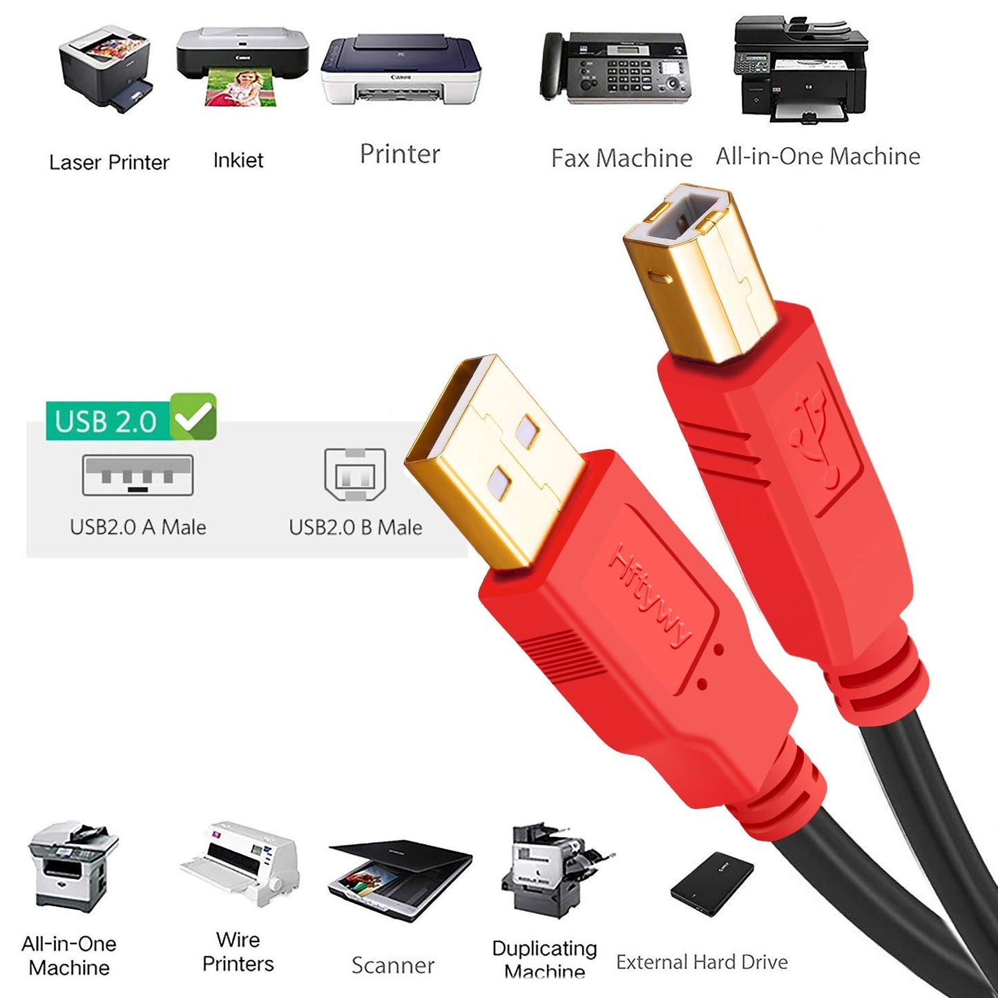 Printer Cable, 30FT Type A-Male to B-Male Cable Compatible with HP, Canon, Epson, Dell, Brother, Lexmark, Xerox, Samsung etc