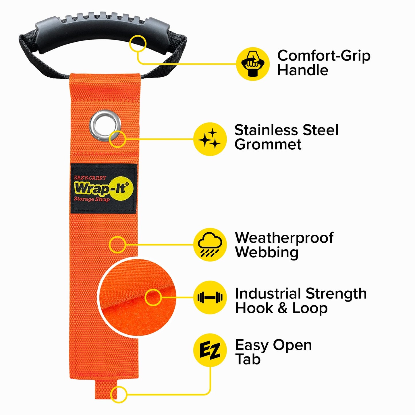 Easy-Carry Wrap-It Storage Straps - 22” (2-Pack) Blaze Orange with Grommet - Extension Cord Storage Holders and Carrying Straps for Garden Hose
