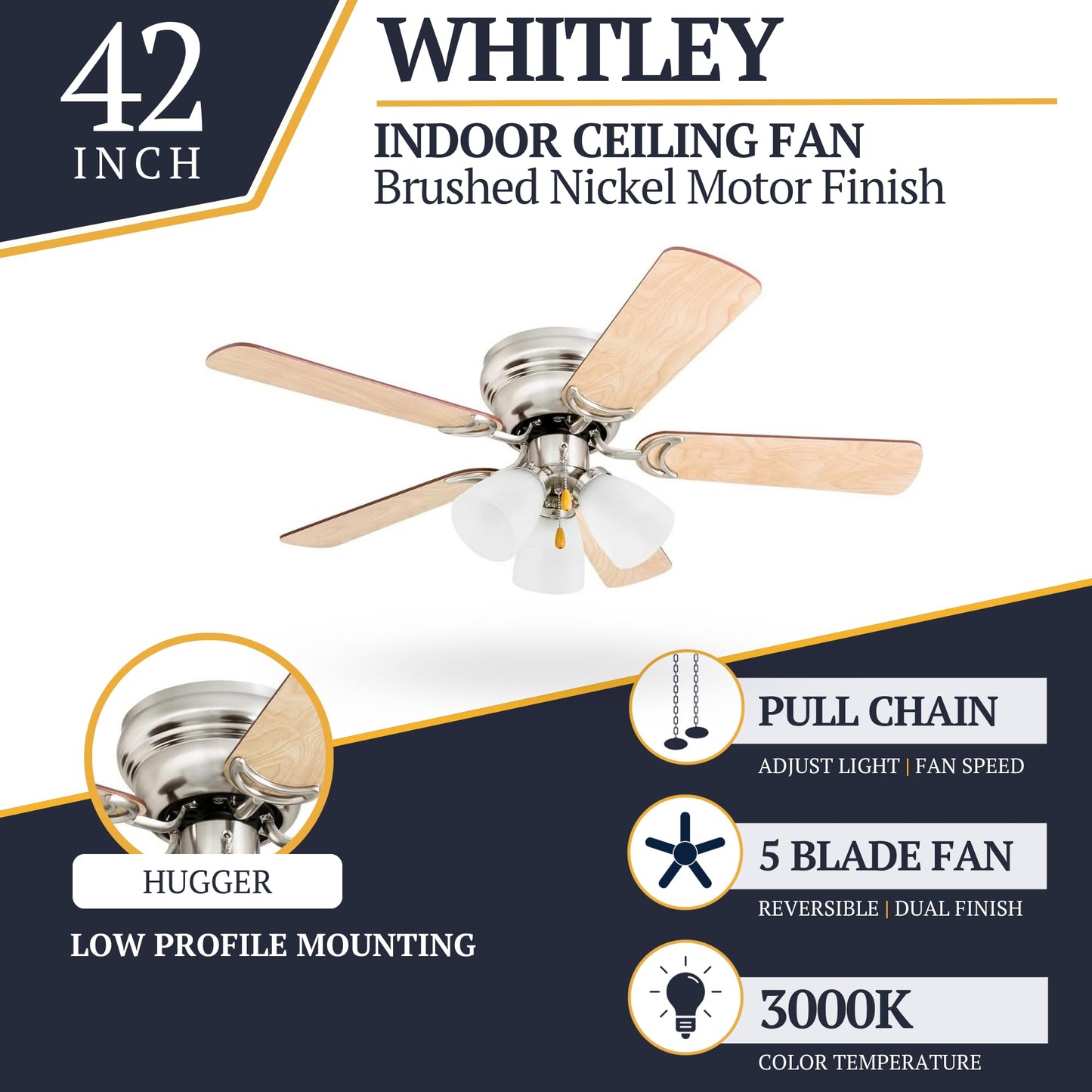 Prominence Home Whitley, 42 Inch Traditional Flush Mount Indoor LED Ceiling Fan with Light, Pull Chain, 5 Dual Finish Blades, Reversible Motor