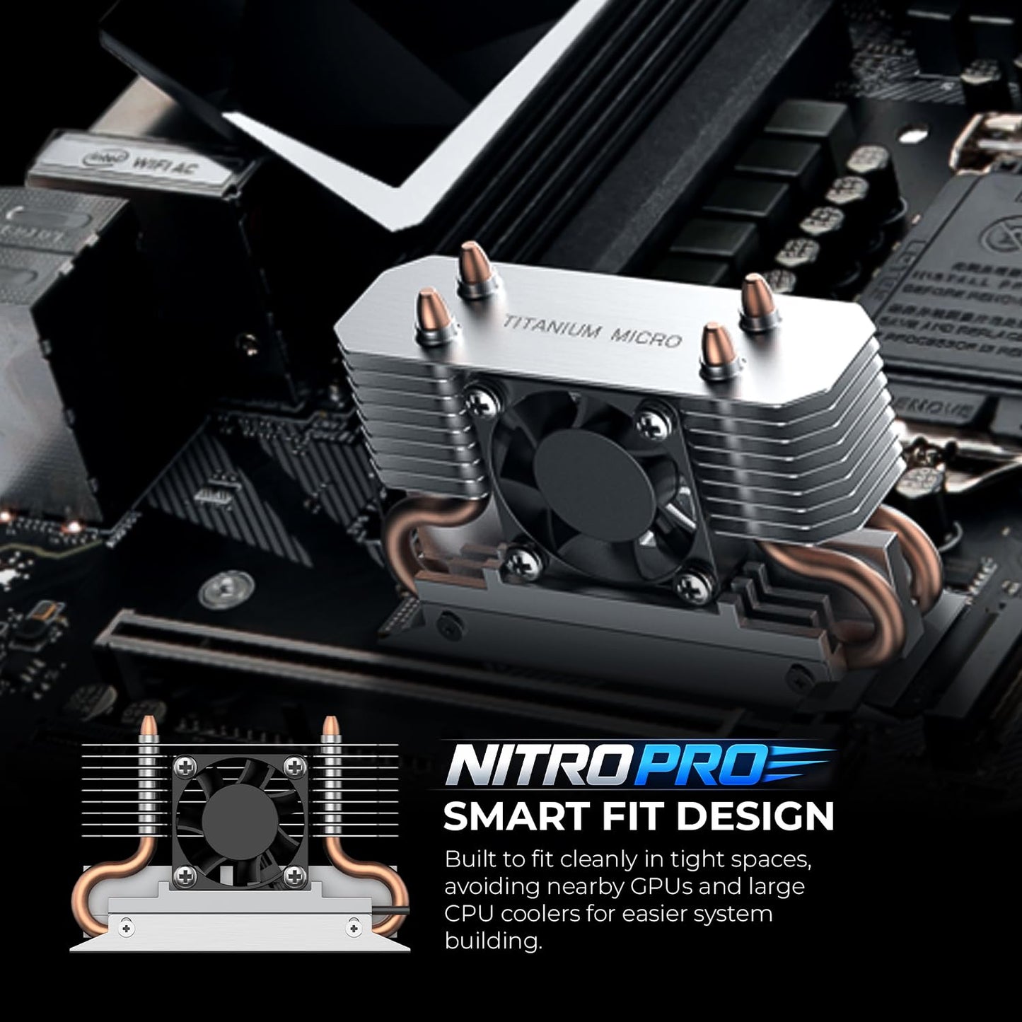 Titanium Micro SSD Heatsink Cooler M.2 NVMe Heatsink for Single Double Sided SSD 2280 with Copper Heatpipe, 30mm PWM Cooling Fan, Reduce up to 40°C
