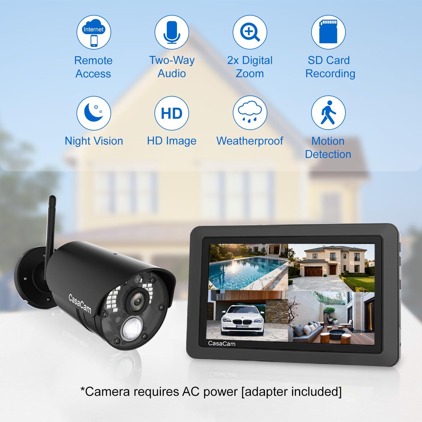 CasaCam GuardianCam Air | Wireless Security Camera System with 7" Touchscreen Monitor and 2 720p Cameras | AC Powered, Two-Way Audio, Free APP, 32GB
