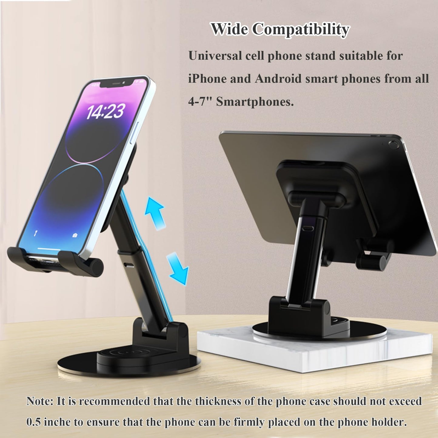 Meetuo Rotatable Cell Phone Stand for Desk, Height Angle Adjustable Phone Holder Portable Phone Stand Compatible for Most Smartphones iPhone