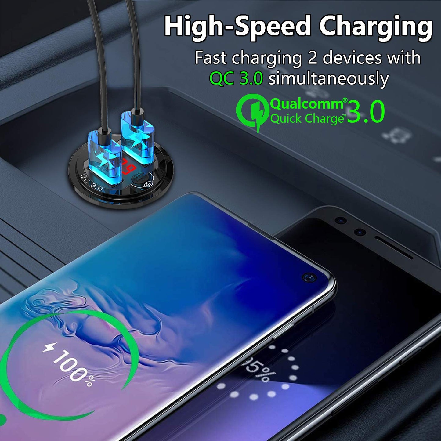 [Upgraded Version] Quick Charge 3.0 Dual 12V USB Car Charger, Aluminum Socket with Red Digital Voltmeter, Waterproof Car Outlet with Power Switch