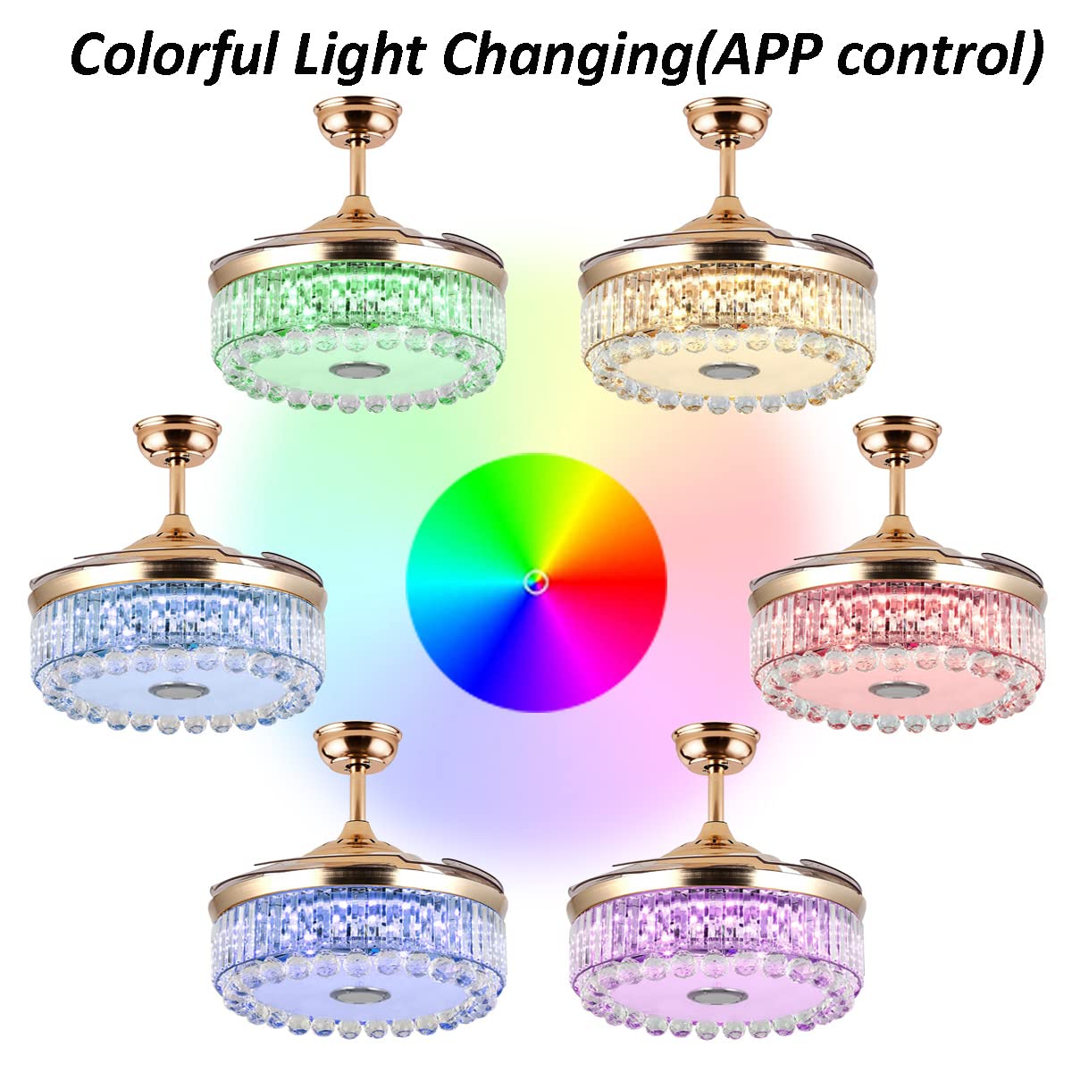 FANRYO 42’’ Modern Ceiling Fan with Lights Remote Control Reversible Blades, Fandelier with Bluetooth Speaker 7 Dimmable Color 6 Speed, Gold Crystal