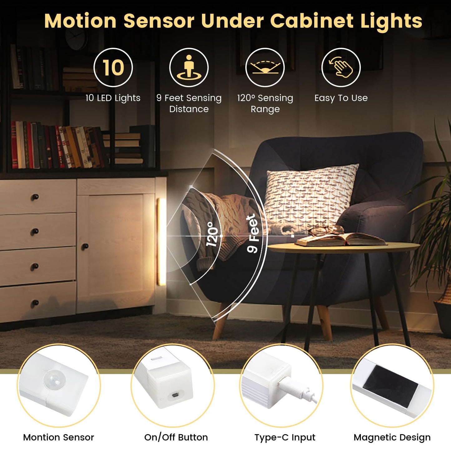 5 Pack Motion Sensor Under Cabinet Lights with Magnetic, LED Rechargeable 8 Inch Under Counter Closet Lights for Wardrobe Cupboard Kitchen