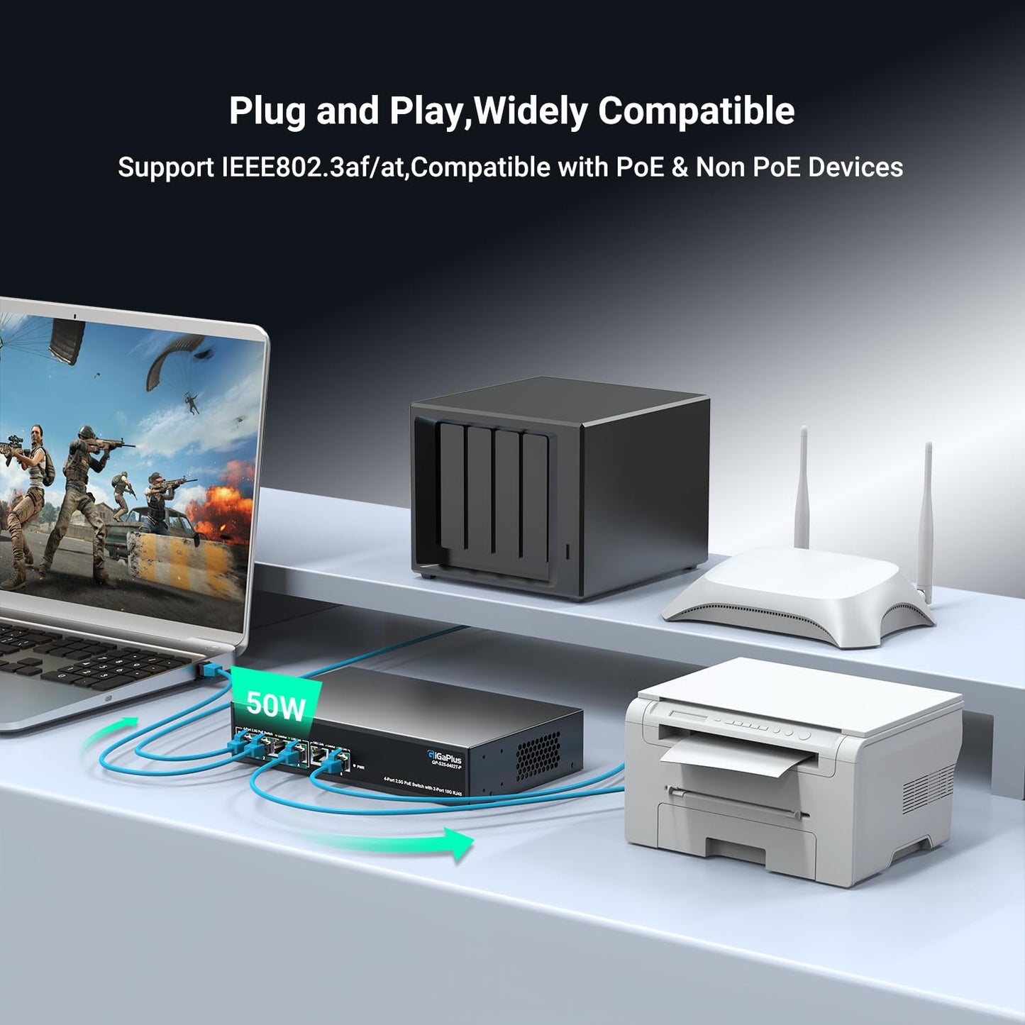 6 Ports 10Gb Unmanaged PoE Ethernet Switch with 4*2.5G Base-T PoE Ports, 2*10G RJ45 Ports. 60Gbps Switching Capacity, GiGaPlus 10Gbps Network Switch