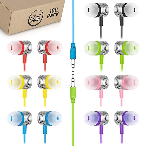 JustJamz 100 Pack Bulk Earbuds - Colorful Wired Ear Buds for Classroom, Students & Schools - Disposable Headphones with 3.5mm Jack - Comfortable Bulk…