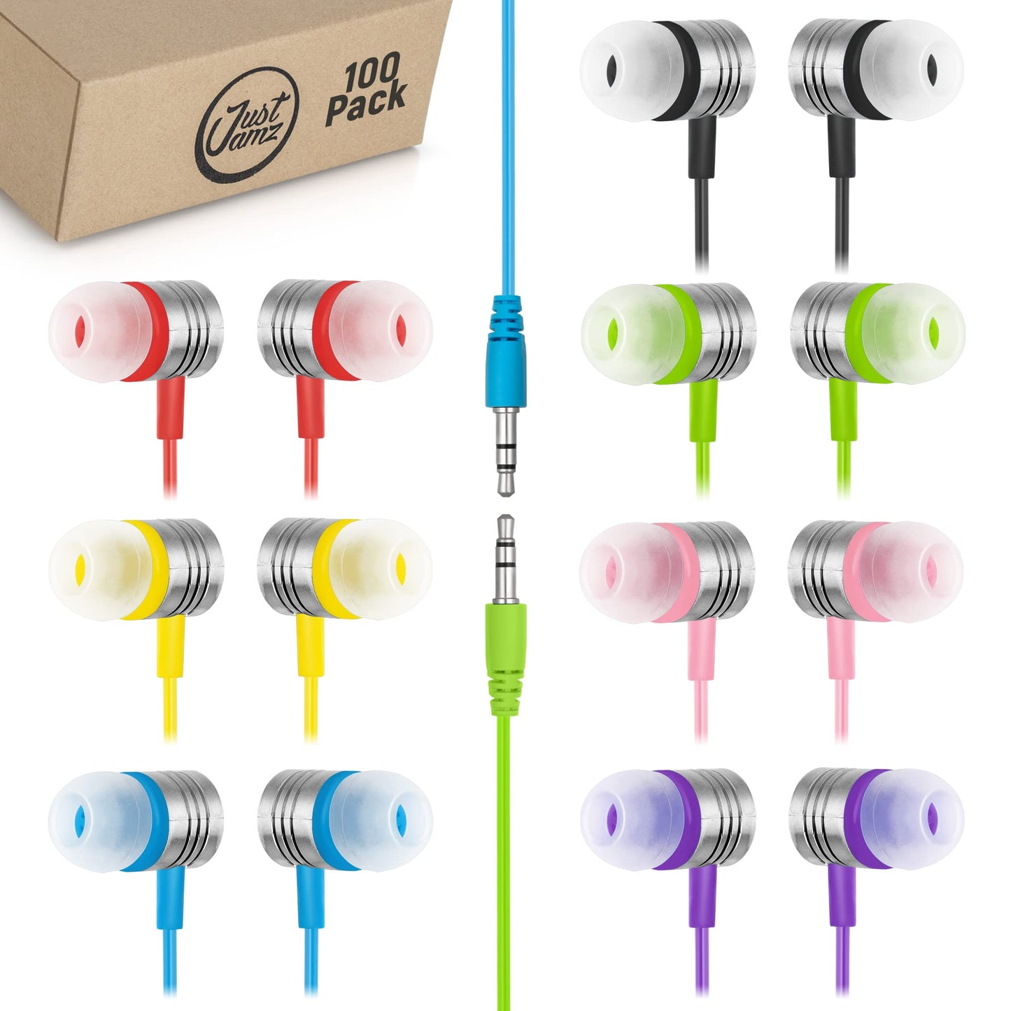 JustJamz 100 Pack Bulk Earbuds - Colorful Wired Ear Buds for Classroom, Students & Schools - Disposable Headphones with 3.5mm Jack - Comfortable Bulk…