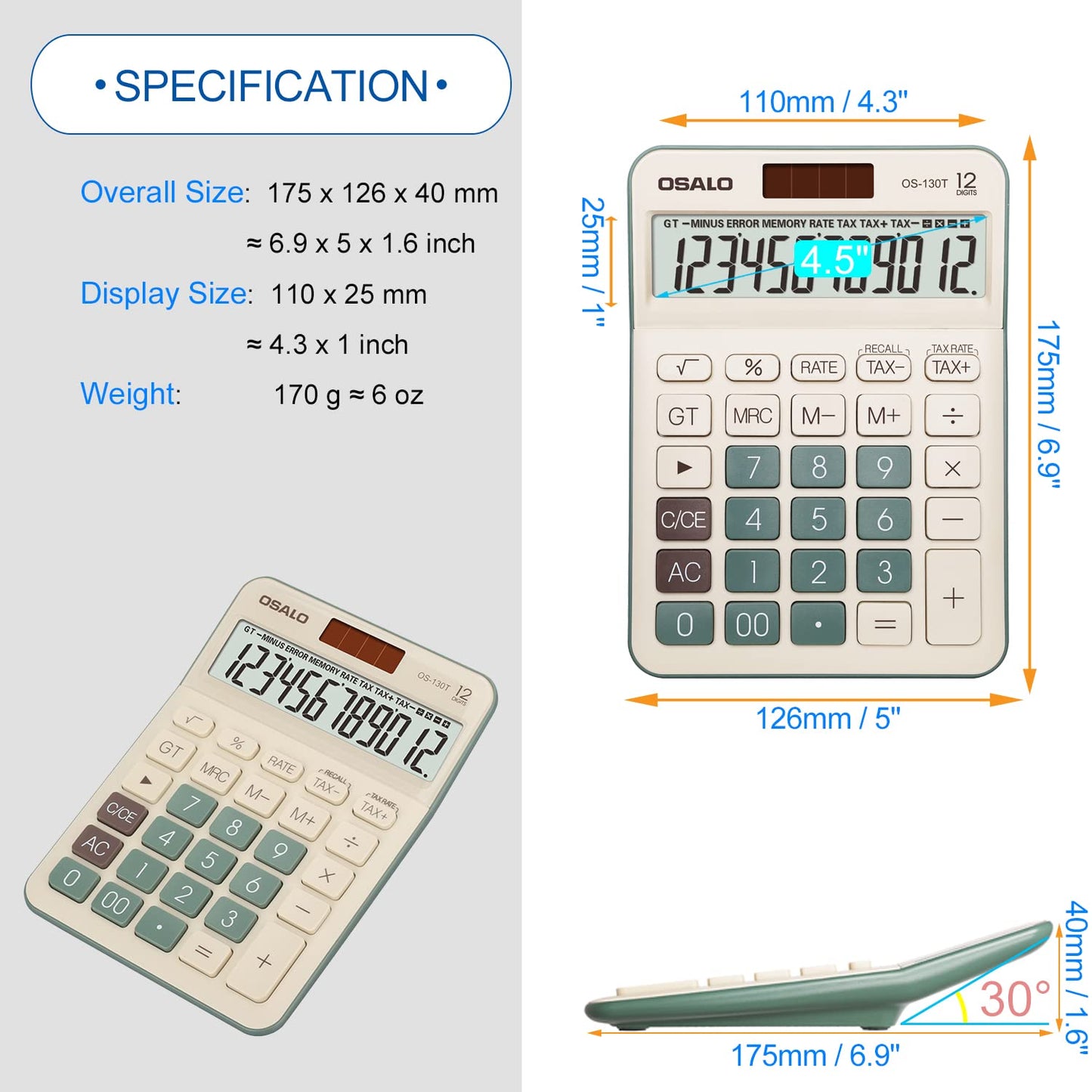 Desktop Calculator Large LCD Display 12 Digit Number Big Button Tax Financial Accounting Calculator, Battery and Solar Powered, for Desk Office Home
