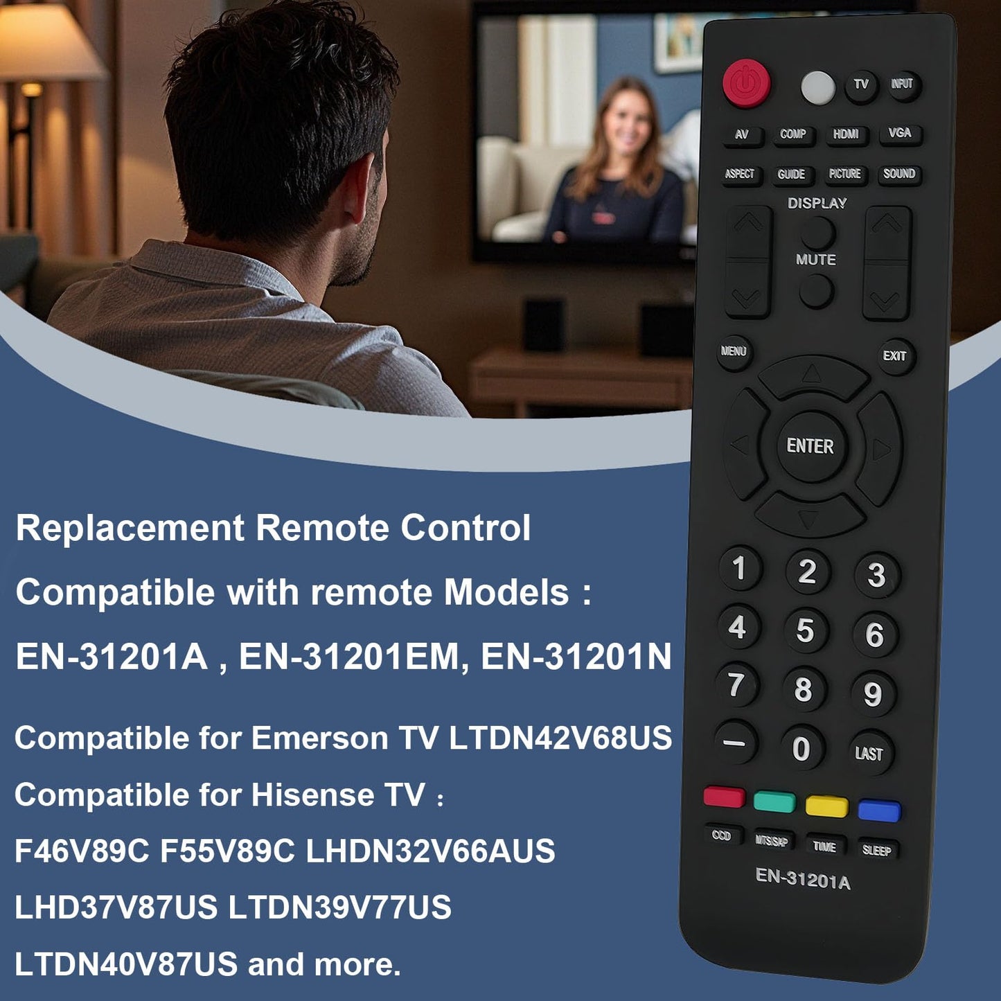 Universal Replacement Remote Control for Emerson TV EN-31201EM LTDN42V68US for Hisense F46V89C F55V89C LHDN32V66AUS LHD37V87US LTDN39V77US LTDN40V87US